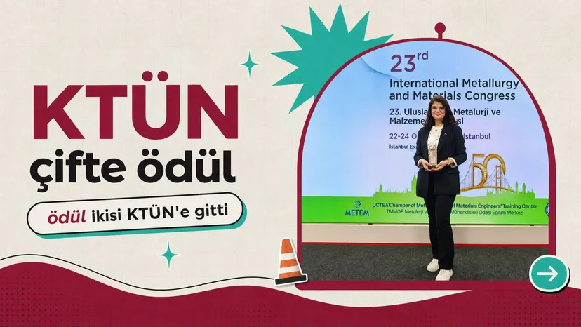 23. Metalurji ve Malzeme Kongresi'nde Konya Teknik Üniversitesi öğrencilerinin çifte Genç Araştırmacı Ödülü aldığı anı gösteriyor.